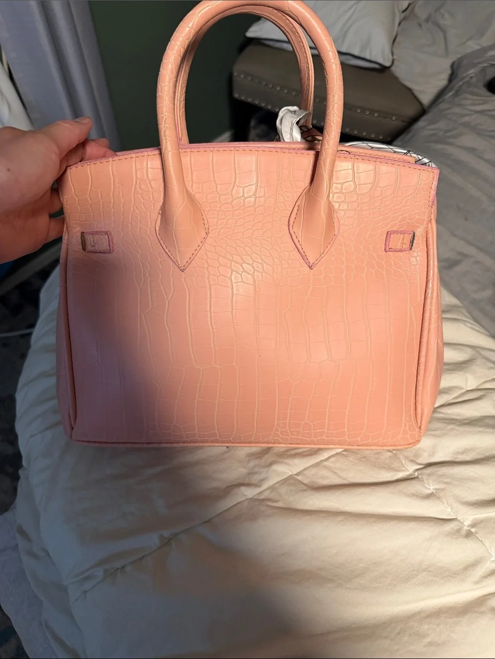 Women's Pink Croc-Embossed Satchel Bag with Silk Scarf